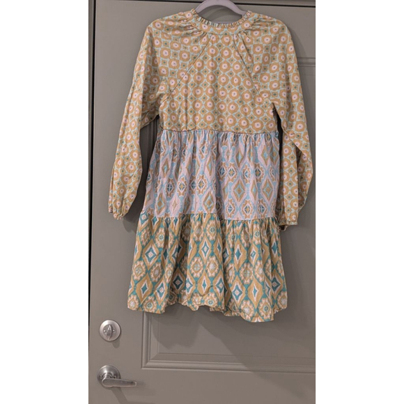 Women's Jessica Simpson Long Sleeve Dress S Gold Blue Patterned - Picture 4 of 7